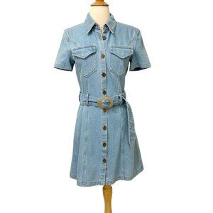 Nanushka Mora Blue Denim Mini Dress Belted Shirt Dress Button Down Retro Size S